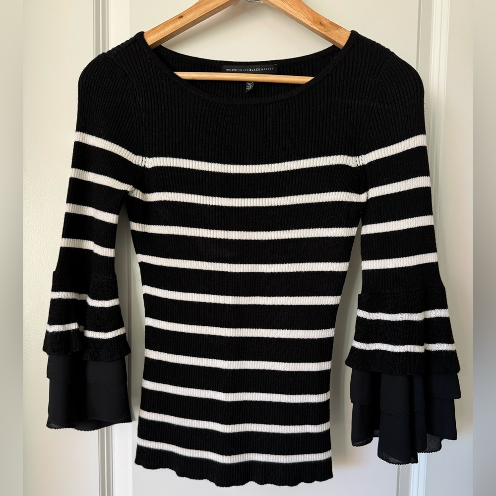 WHBM 3/4 ruffle sleeve sweater. Black w/ white stripes. Size XS